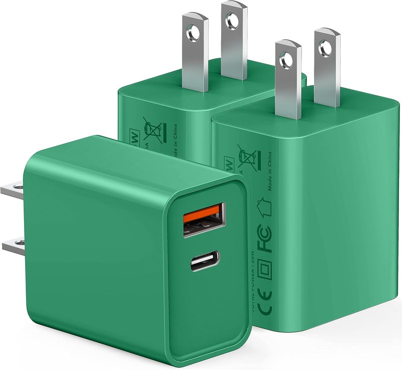 CSODINCE 20W USB C Fast Charger, 3Pack Durable Dual Port PD 3.0 with USB A Wall Charger Block for iPhone, iPad Pro, AirPods Pro, Samsung Galaxy, Motorola, LG, Google Pixel Brick Plug Power Adapter(Green) - Image 1